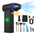 The duster with its nozzle, storage bag, charging cable and brush set laid out