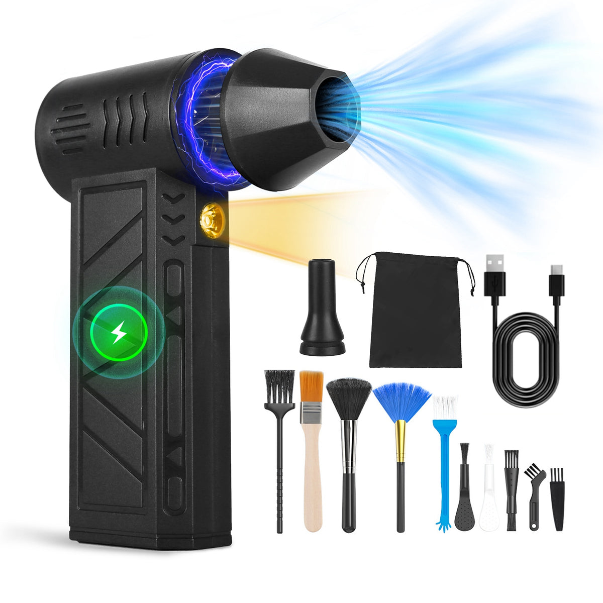 The duster with its nozzle, storage bag, charging cable and brush set laid out