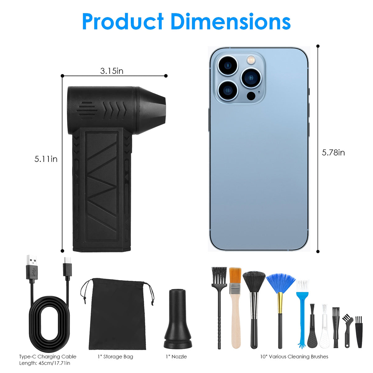 Size next to a phone: 5.11 inches tall, with the accessories listed underneath