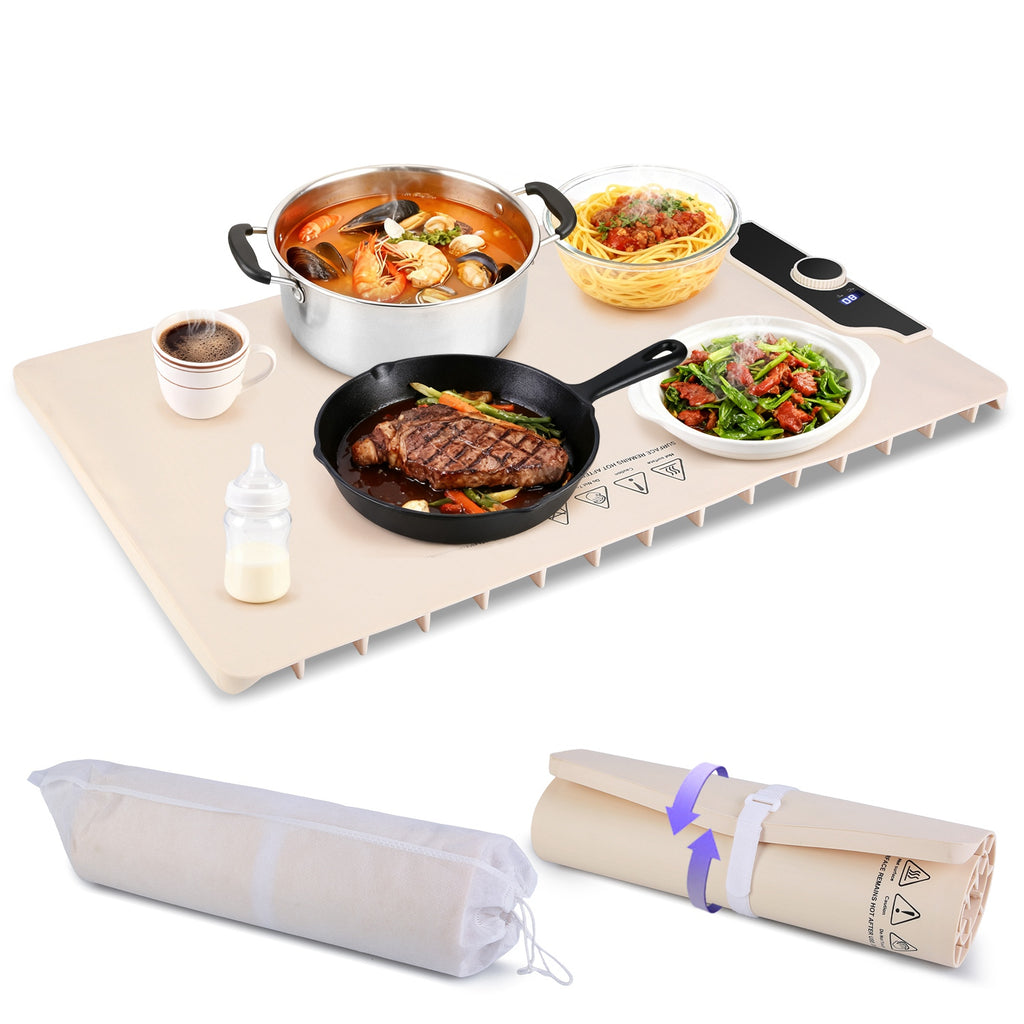 The mat laid with a pot, a pan and three bowls, its storage bag rolled up beside it