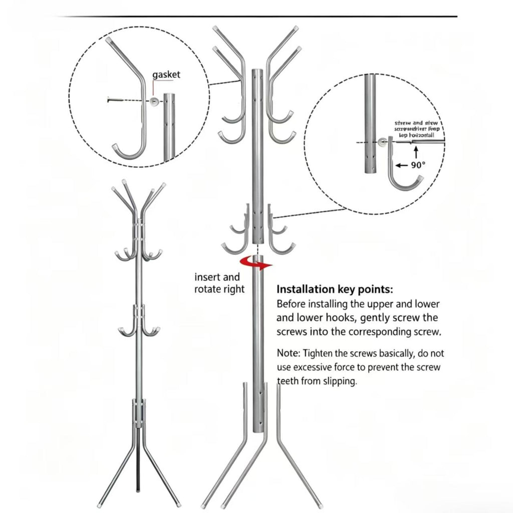 Assembly drawing: the hooks screw into the upright and turn a quarter of the way