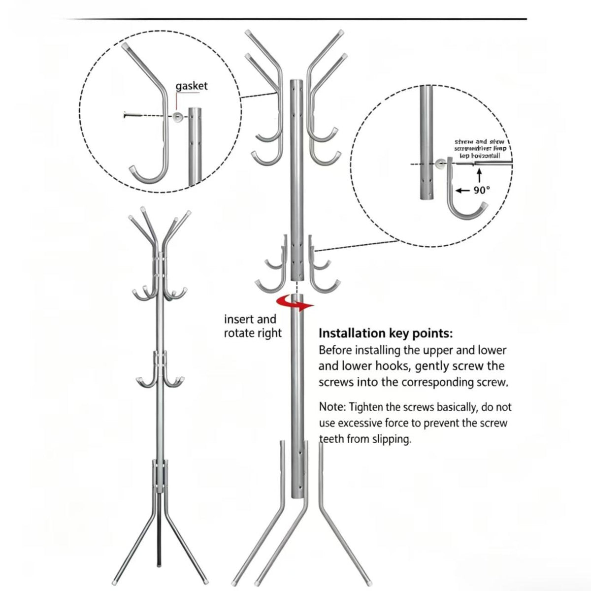 Assembly drawing: the hooks screw into the upright and turn a quarter of the way