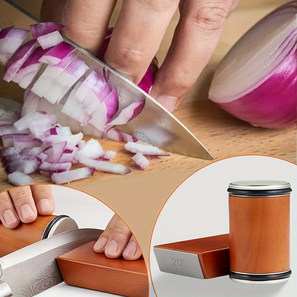 Chopping an onion, with an inset showing the base resting on the blade while the roller runs along the edge.