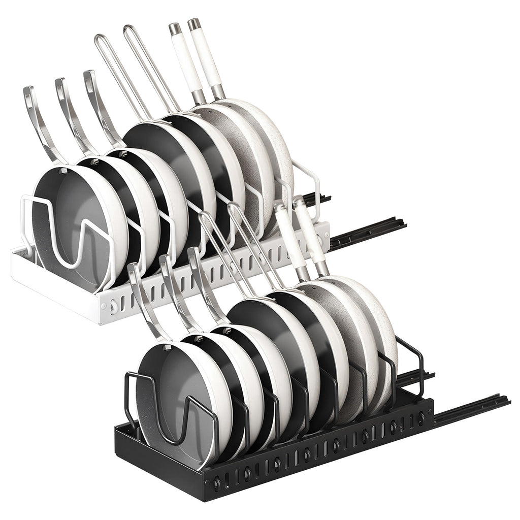 Pull-out under-cabinet pots and pans organizer with adjustable dividers
