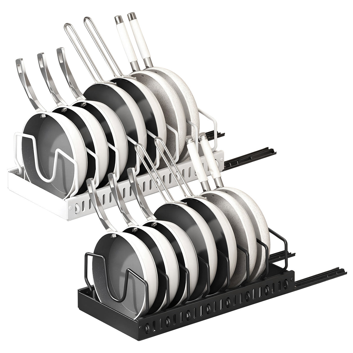 Pull-out under-cabinet pots and pans organizer with adjustable dividers