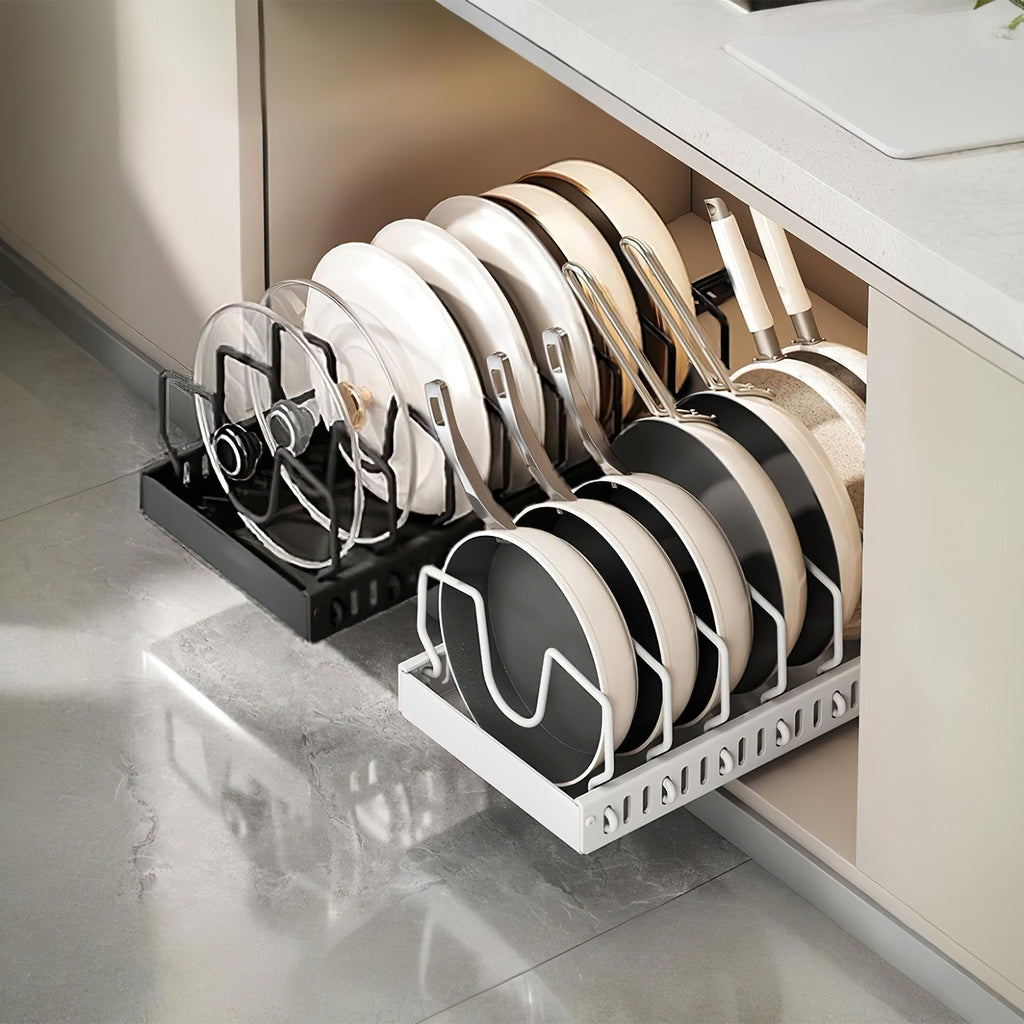 Pull-out under-cabinet pots and pans organizer with adjustable dividers
