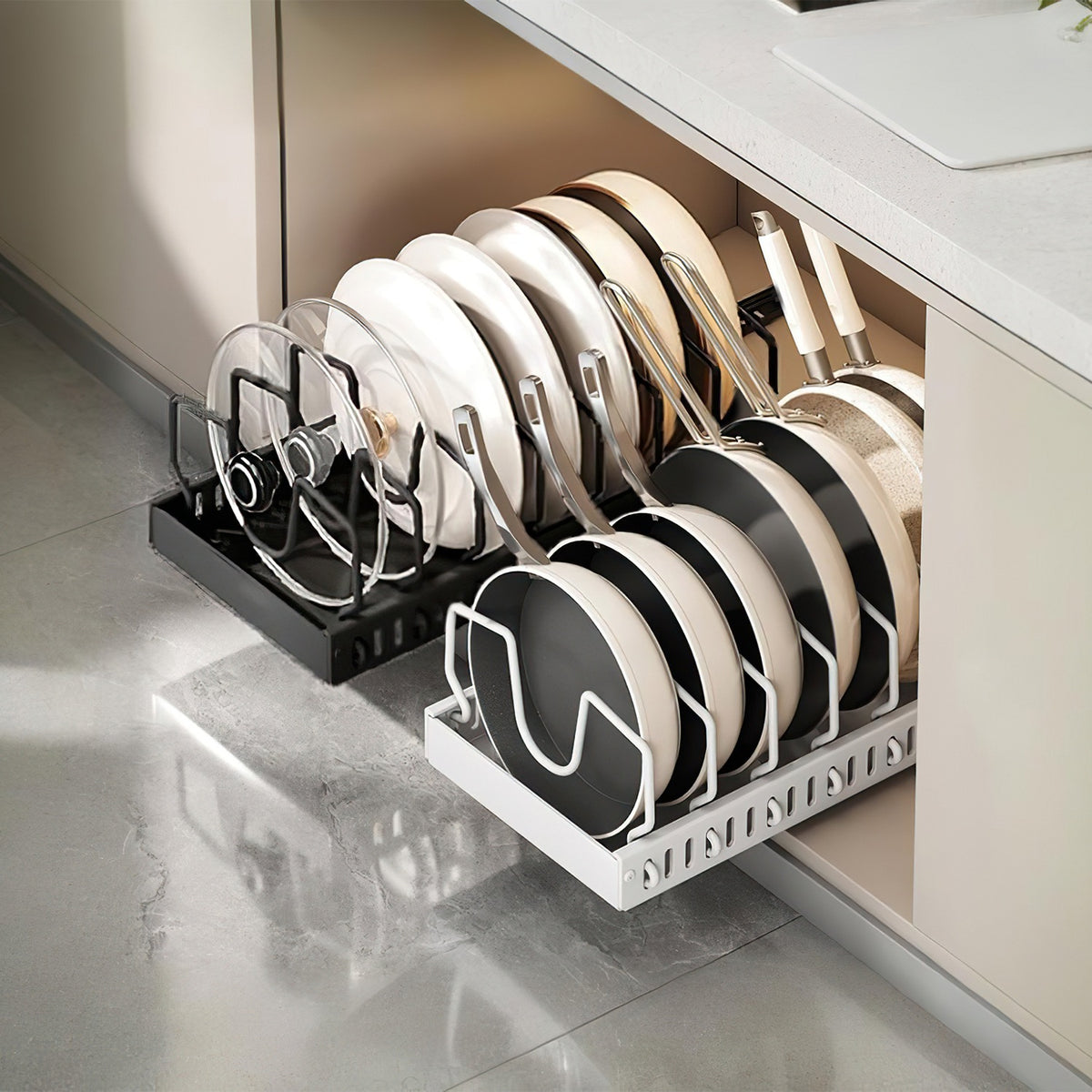 Pull-out under-cabinet pots and pans organizer with adjustable dividers