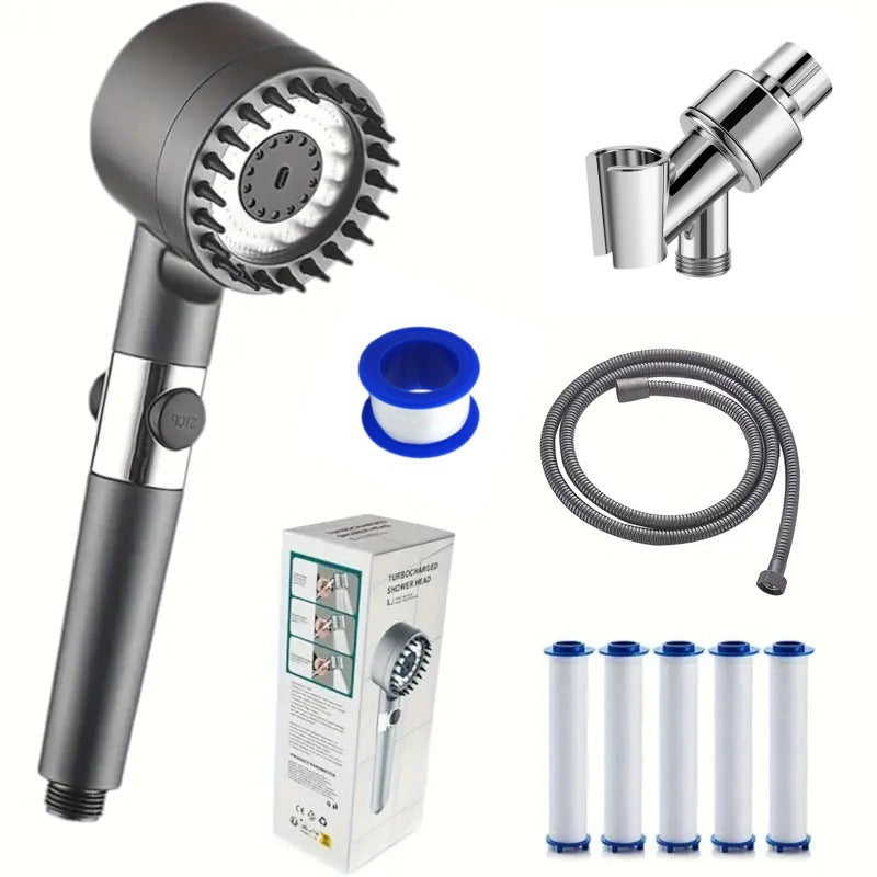Everything in the box: shower head, hose, wall bracket, sealing tape and five spare cartridges
