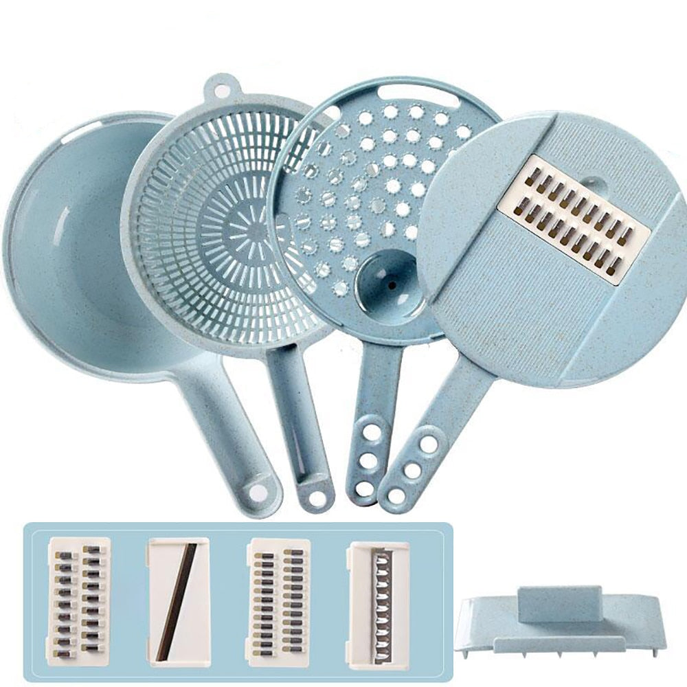 All the parts: bowl, lid, four blades, grater, strainer and hand guard