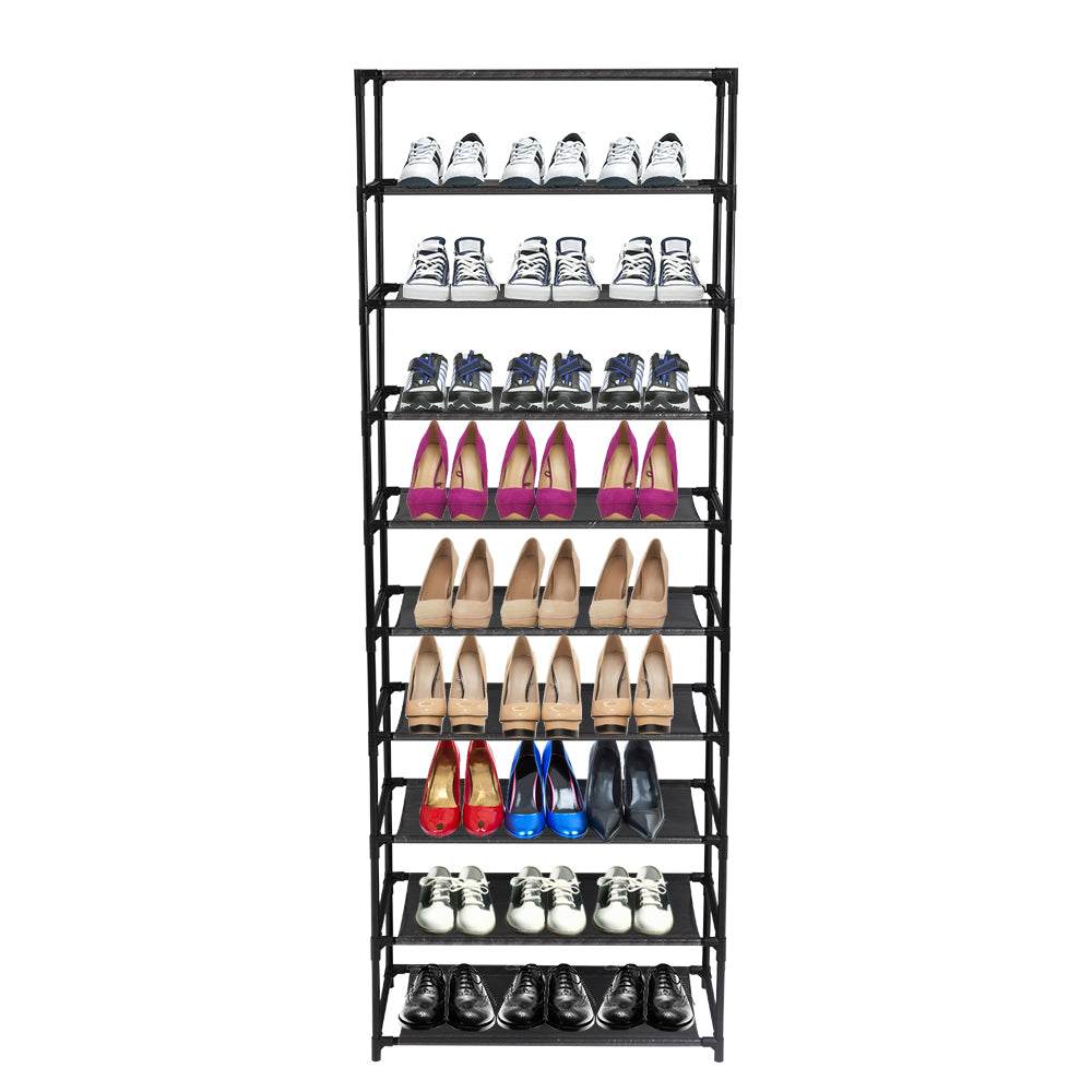 Ten black tiers filled with shoes, seen straight on