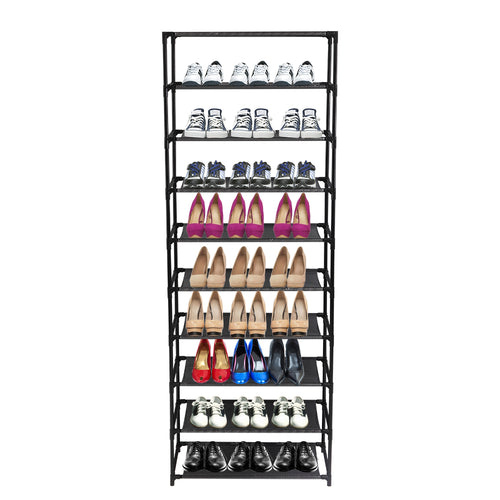 Ten black tiers filled with shoes, seen straight on