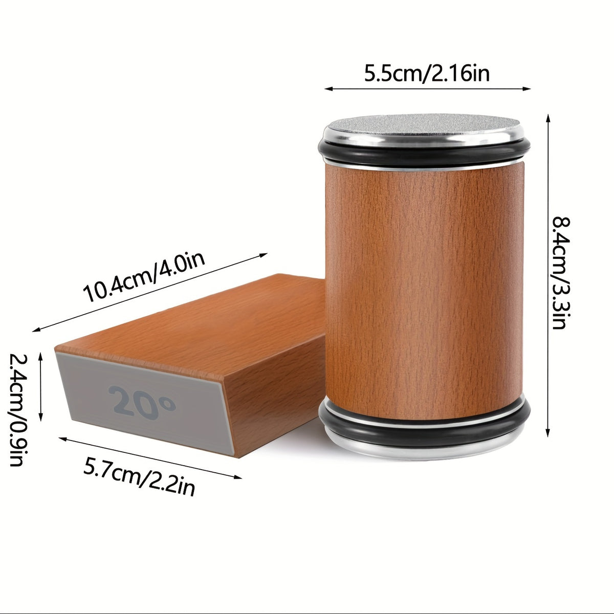 Measured drawing: the roller is 5.5 cm across and 8.4 cm tall, the base 10.4 by 5.7 by 2.4 cm.