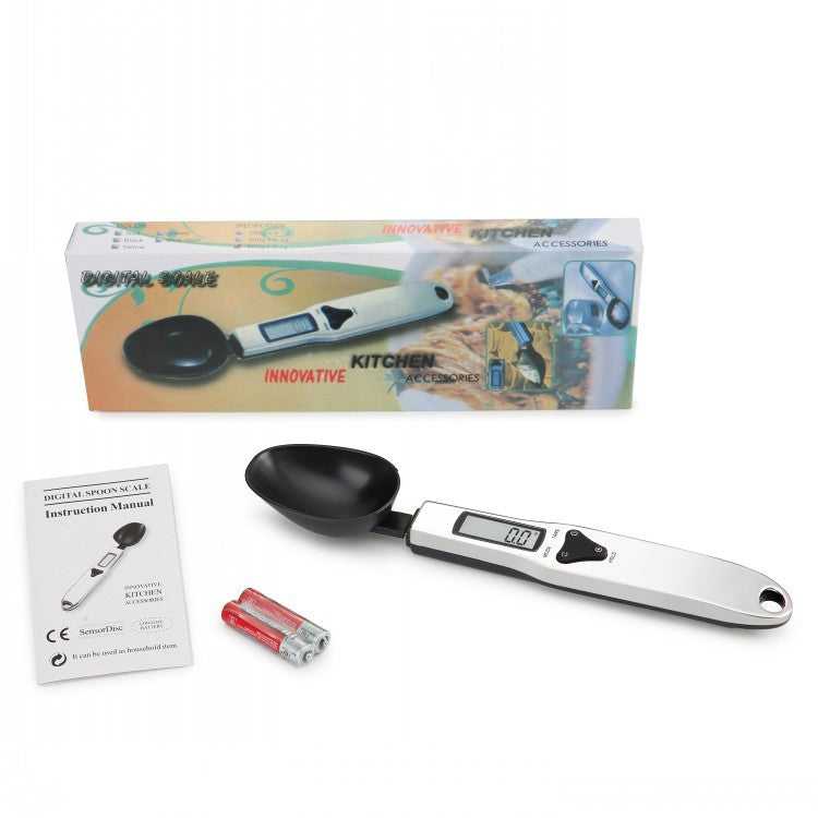 What comes in the box: the spoon, an instruction sheet and two batteries