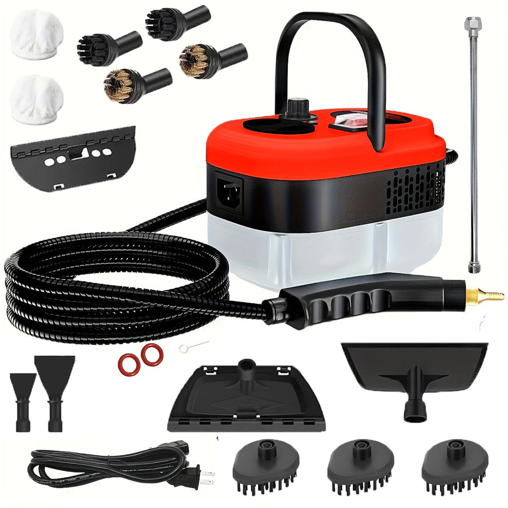 The steam cleaner in red, with the twelve accessories
