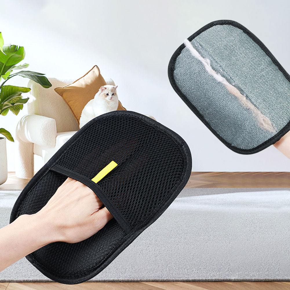 Pet hair remover mitt in use, with the fur it lifted off a cushion