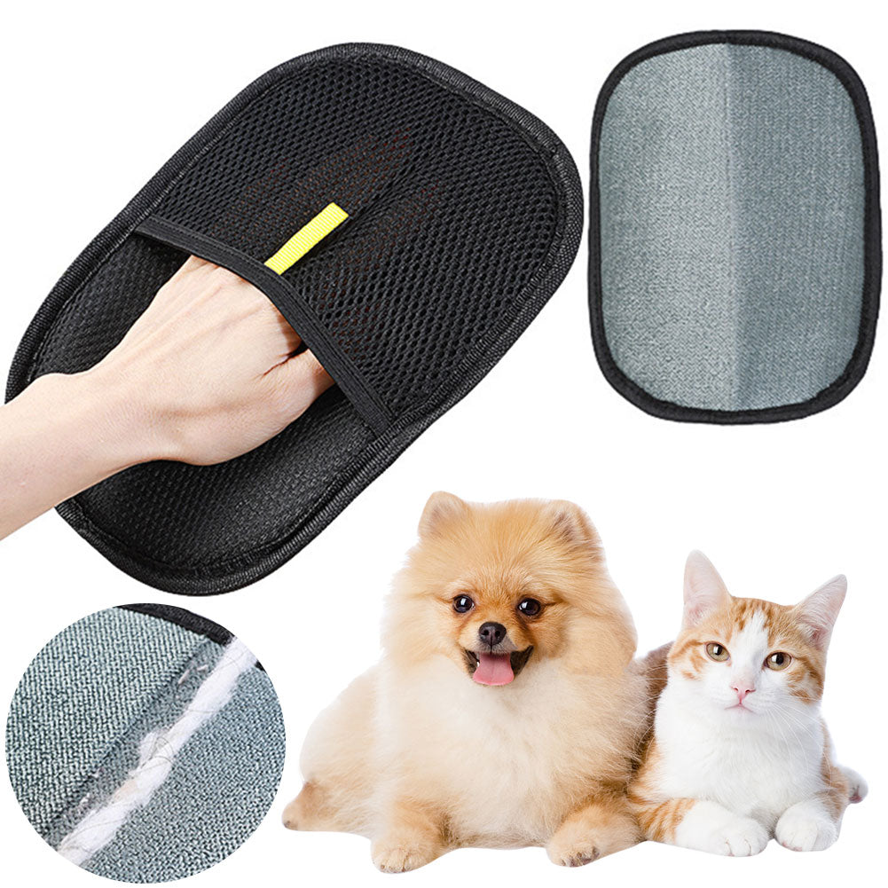 Black pet hair remover mitt worn on a hand, with a dog and a cat