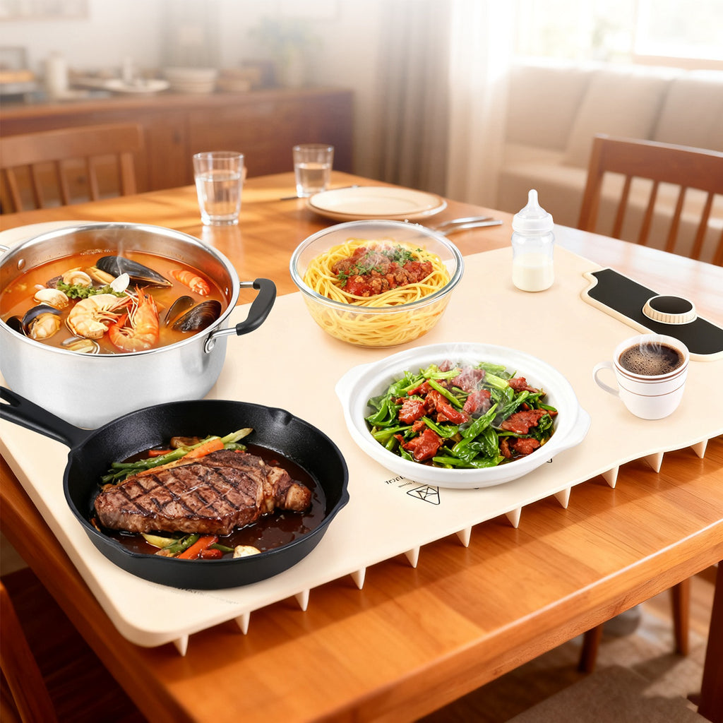 The mat unrolled on a wooden dining table, dishes keeping warm on it