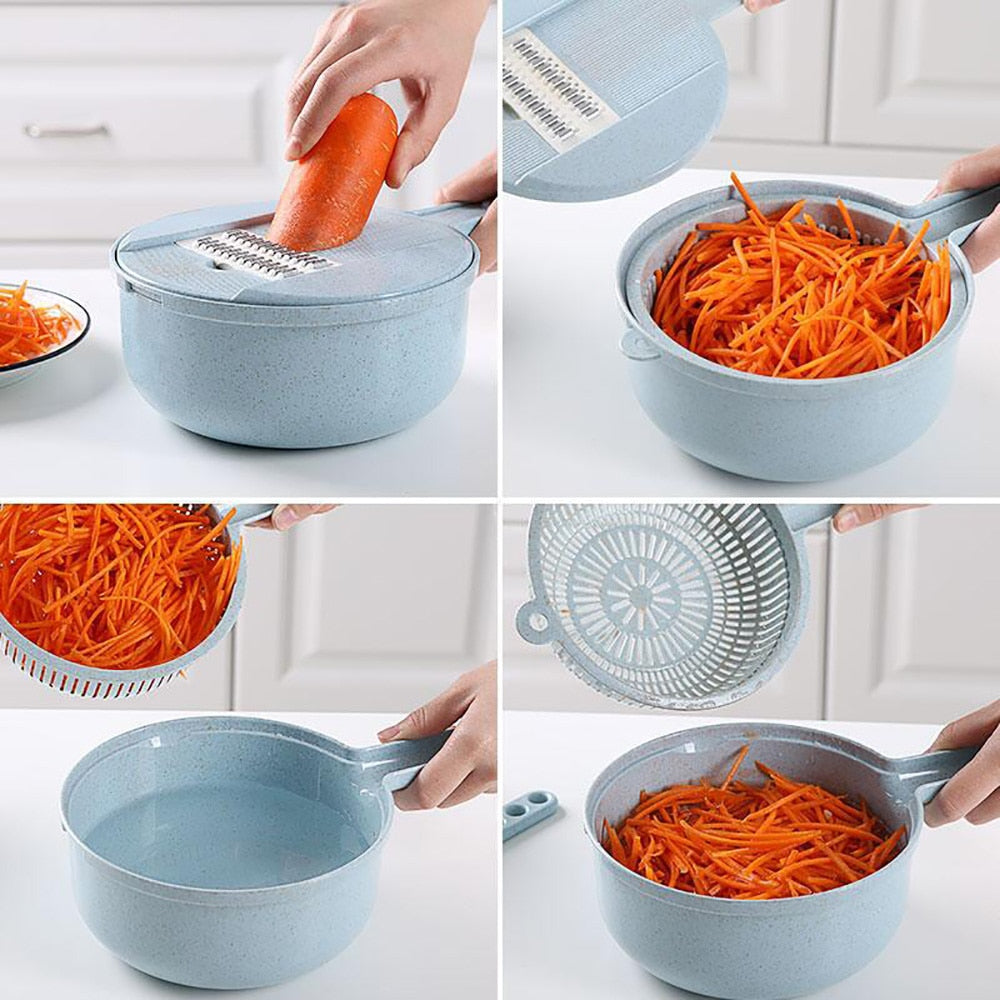 Slicing a carrot, then draining it with the strainer insert