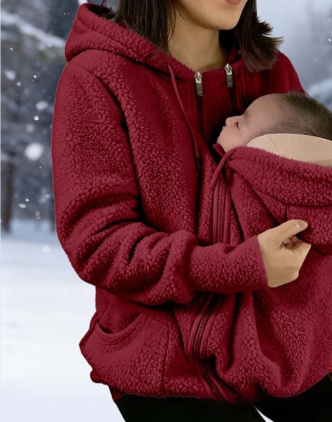 The hoodie in dark red, pouch open