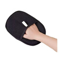 Black grooming mitt worn on a hand, seen from the side
