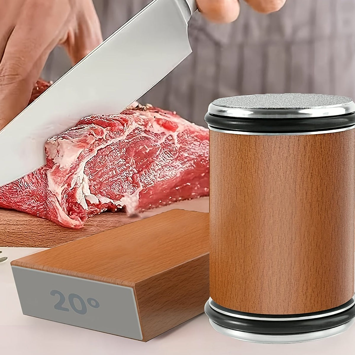A knife slicing meat, with the sharpener's roller and the 20° side of its magnetic base shown alongside.