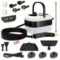 The steam cleaner in white, with the twelve accessories
