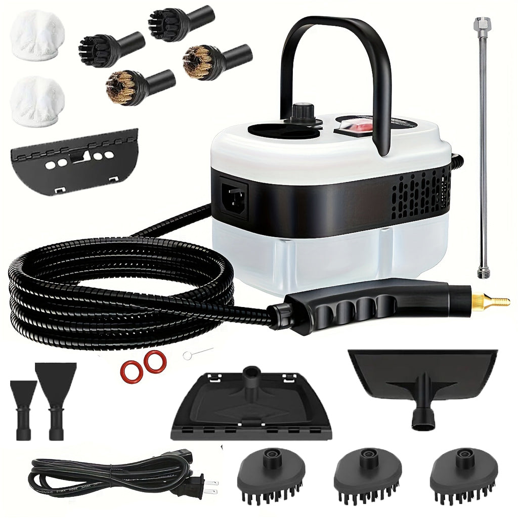 The steam cleaner in white, with the twelve accessories