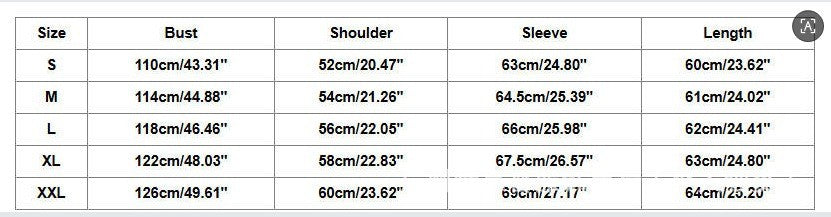 Size chart, measured on the garment