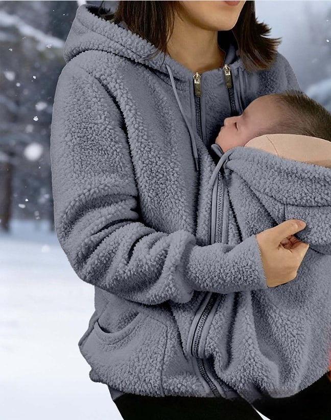 The hoodie in gray, pouch open