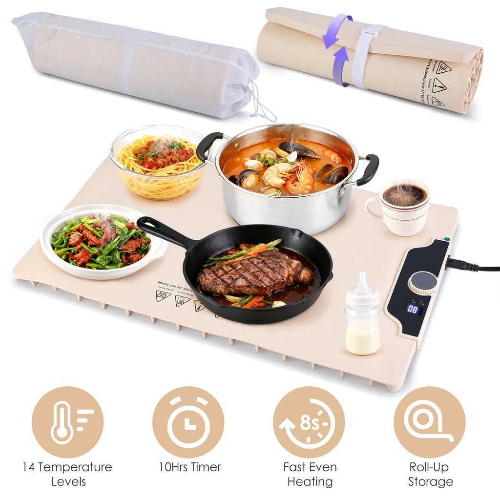 The four things it does: 14 heat levels, 10-hour timer, even heating, rolls up for storage