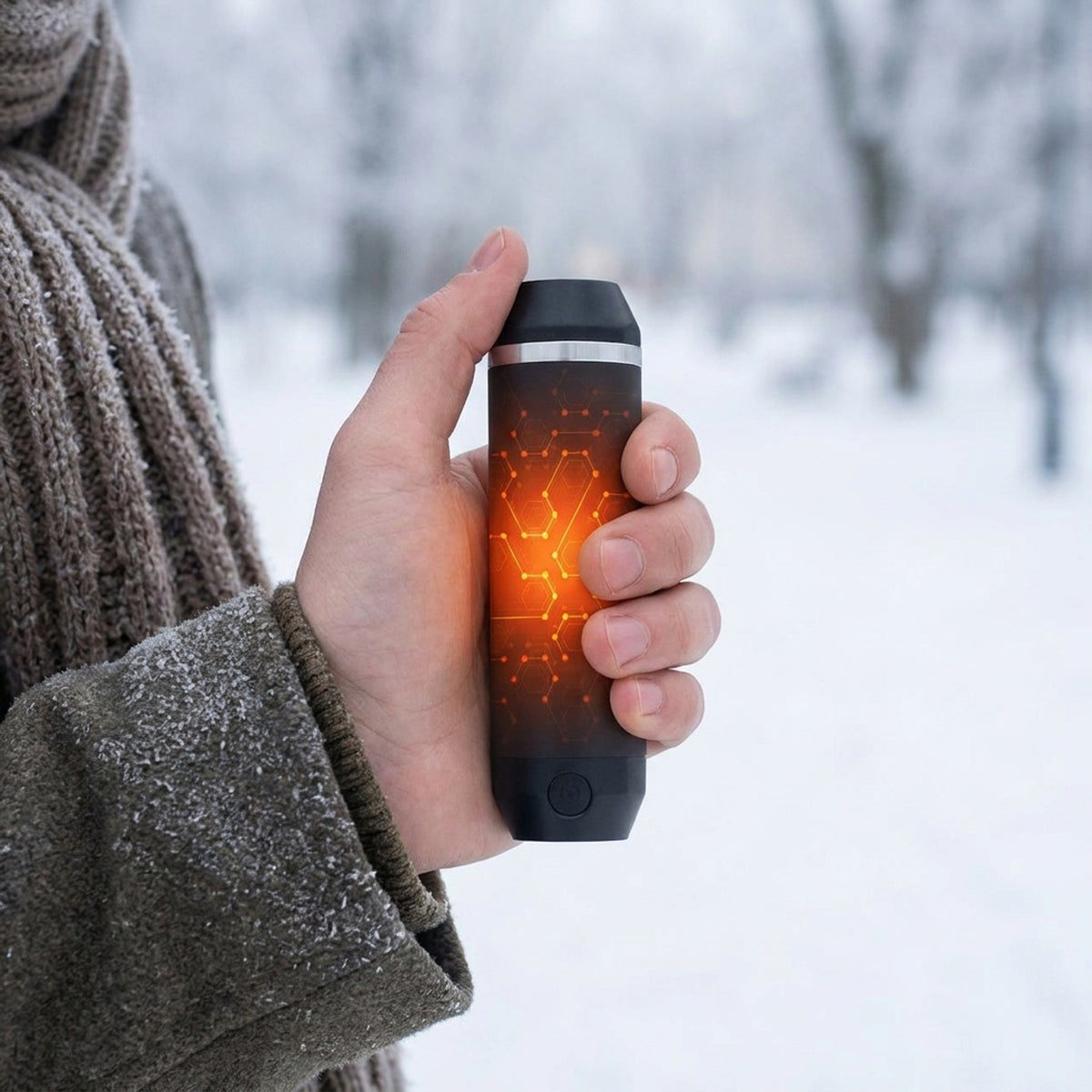 Hand holding a rechargeable hand warmer outdoors on a snowy winter morning