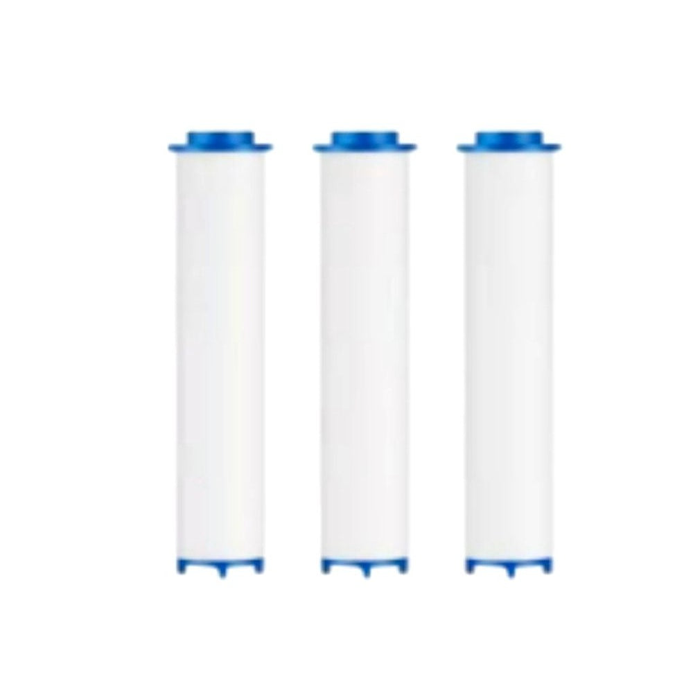 Three white filter cartridges with blue end caps