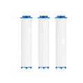 Three white filter cartridges with blue end caps