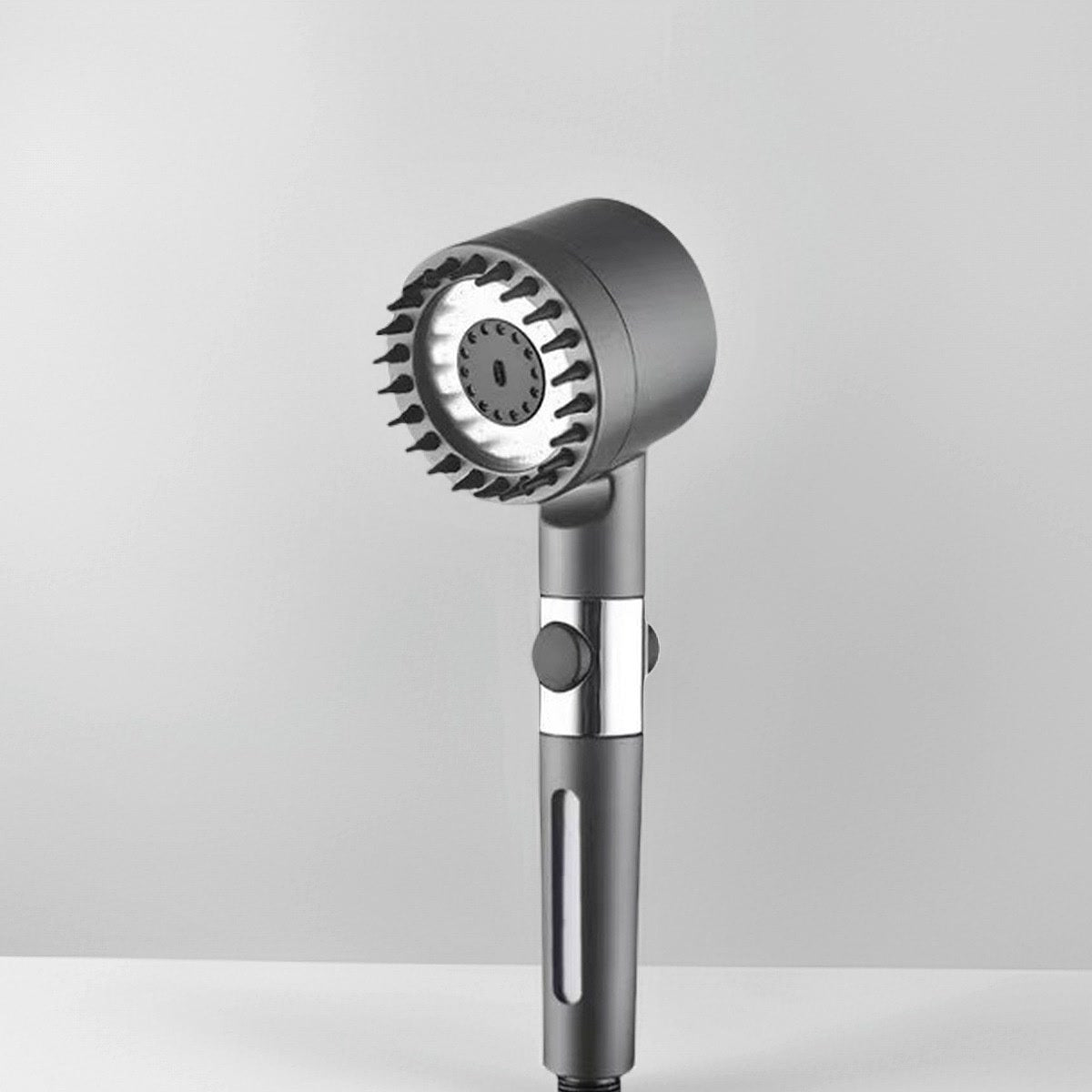 Filtering shower head with the spray plate and the pause button