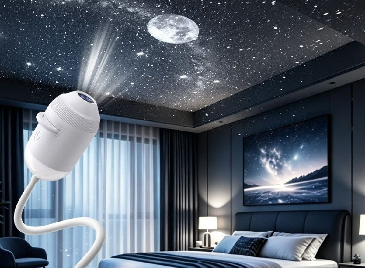 The lamp projecting stars and a moon across a bedroom ceiling