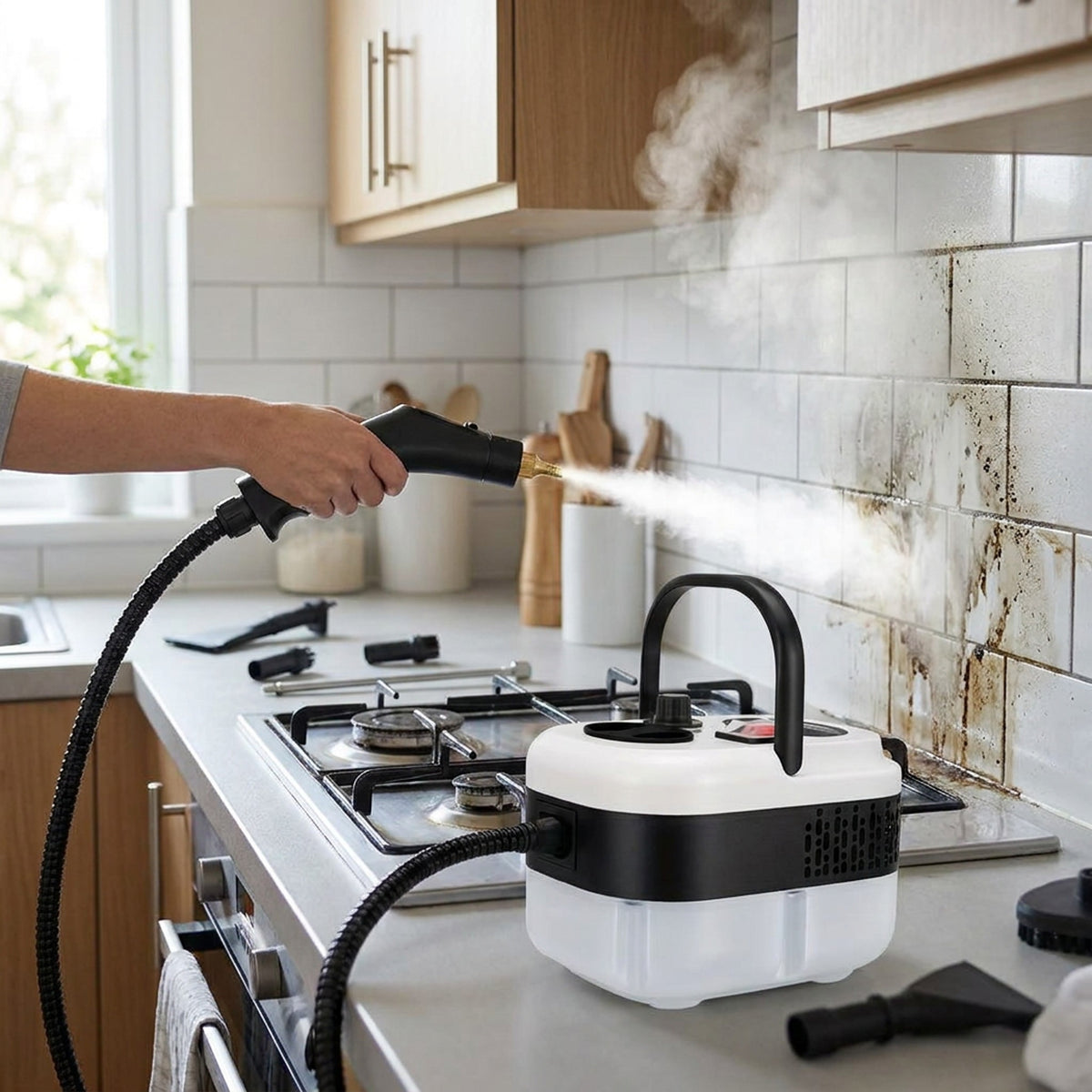 Handheld steam cleaner lifting grease from kitchen tile grout